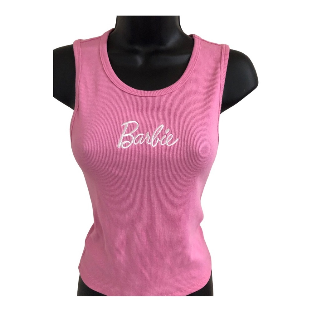Barbie pink cropped ribbed Barbie monogram tank top size small new